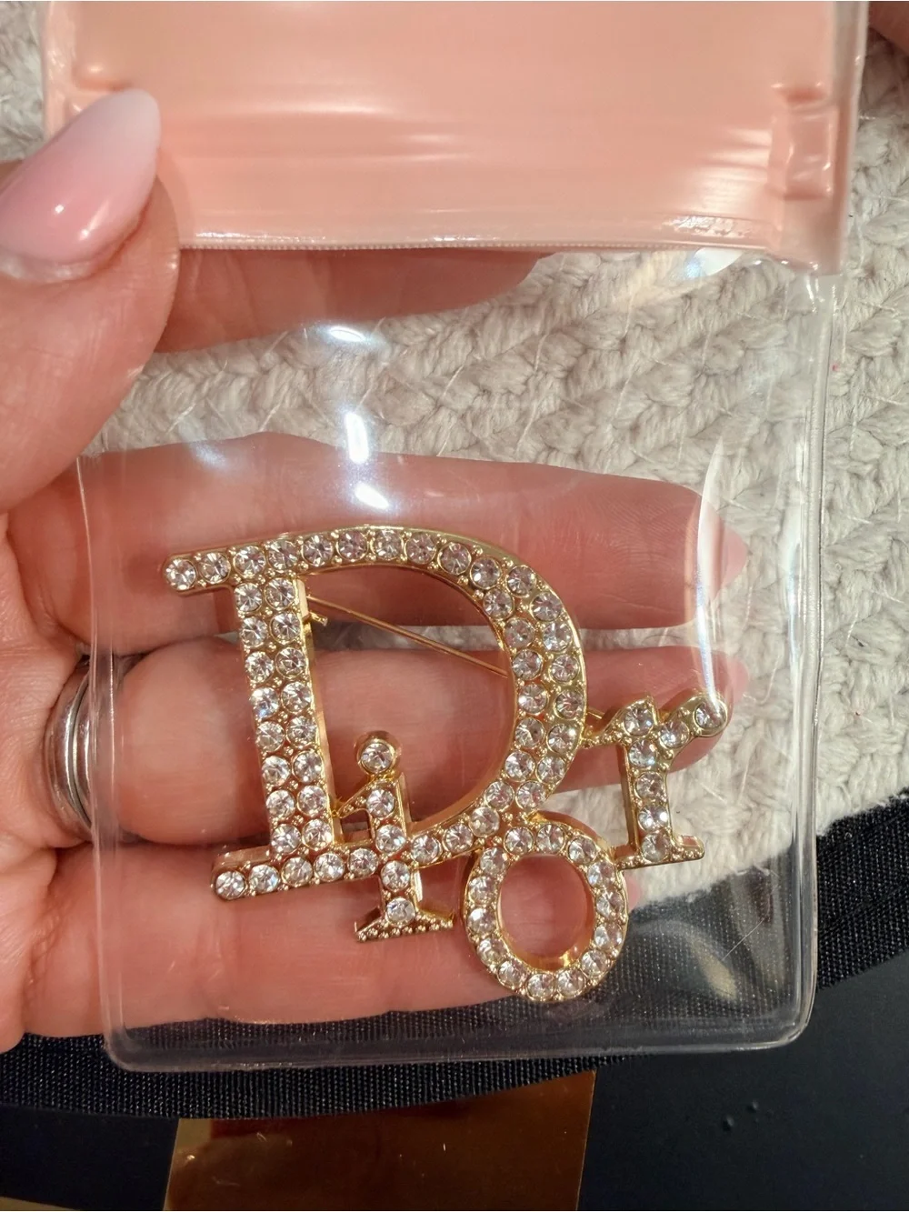 Gold-Tone Logo Brooch with Clear Crystals | New